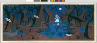 Mary Blair, Alice on a pond in Tulgey Woods, c. 1950, Alice in Wonderland, Opaque watercolor on paperboard, Courtesy of the Collection of the Walt Disney Family Foundation, Gift of Ron and Diane Miller, © Disney